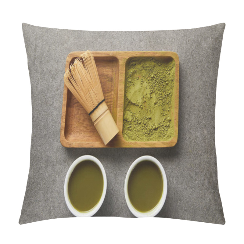 Personality  Top View Of Bamboo Whisk And Matcha Powder On Wooden Bowl Near White Cups With Green Tea Pillow Covers