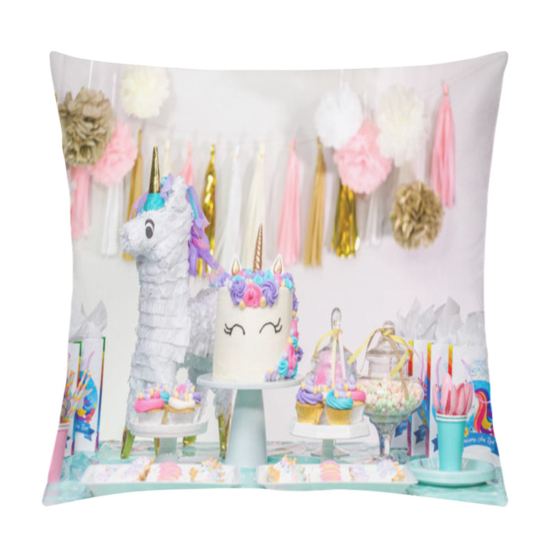 Personality  Little Girl Birthday Party Table With Unicorn Cake, Cupcakes, And Sugaer Cookies. Pillow Covers