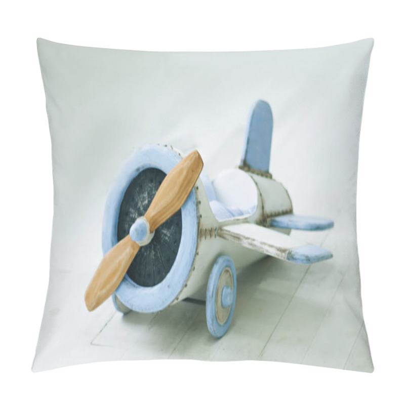 Personality  Wooden Airplane For Children, Eco-friendly Beautiful Toy On A Light Background Pillow Covers