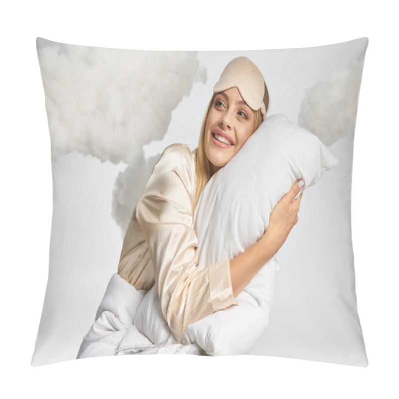 Personality  Dreamy Blonde Woman In Cozy Pajamas Sitting Amongst Clouds With A Pillow. Pillow Covers