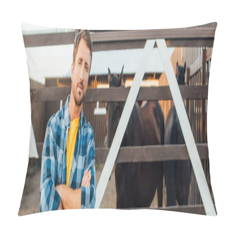 Personality  Horizontal Concept Of Rancher In Plaid Shirt Standing With Crossed Arms Near Corral With Horses Pillow Covers