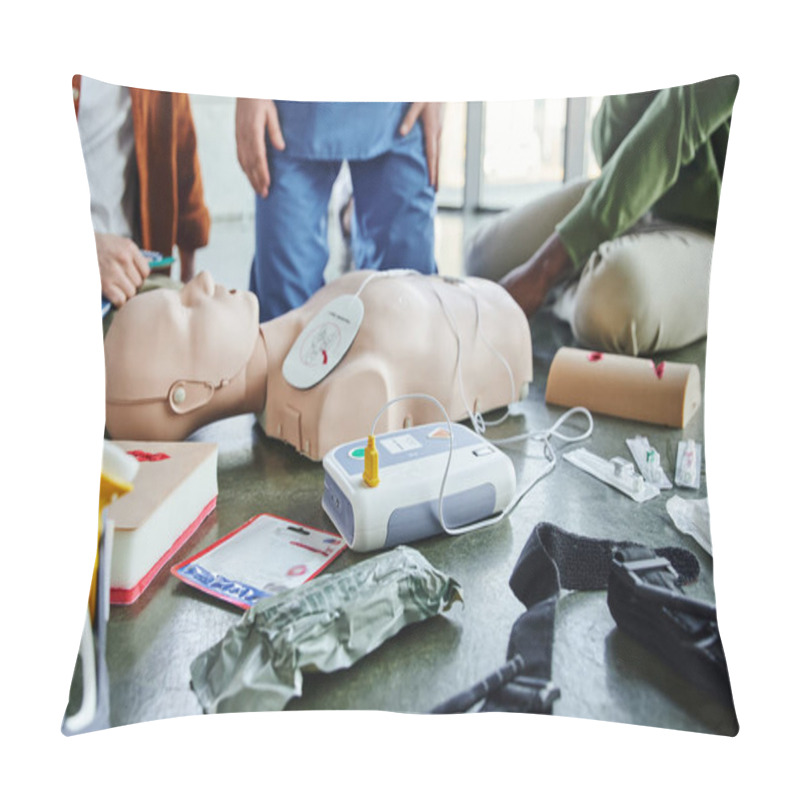 Personality  CPR Manikin, Defibrillator, Wound Care Simulators, Compression Tourniquet, Bandages And Syringes Near Instructor And Multiethnic Participants Of First Aid Seminar, Emergency Preparedness Concept Pillow Covers