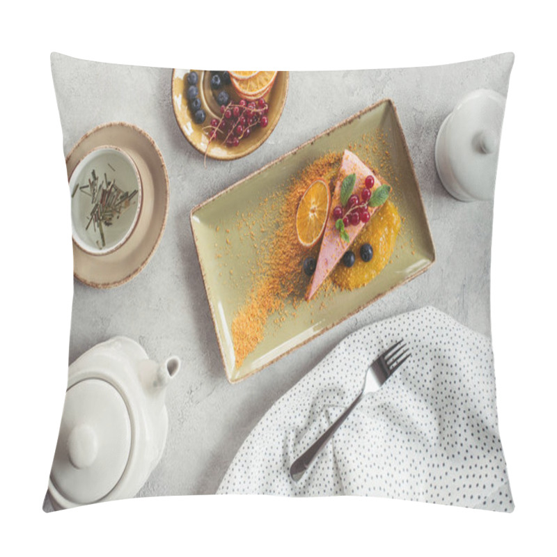 Personality  Flat Lay With Piece Of Sweet Carrot Cake With Berry Filling, Teapot And Cup Of Herbal Tea On Grey Tabletop Pillow Covers