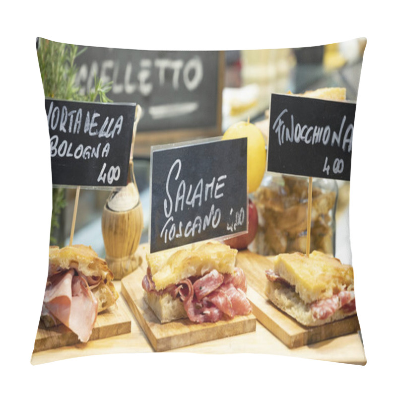 Personality  Italian Street Food, Parma Ham Sandwiches, Bread With Cured Meats In Market In Florence, Italy English Translation Is: Mortadella From Bologna, Salami From Tuscany And Finocchiona Sandwich Bread Pillow Covers