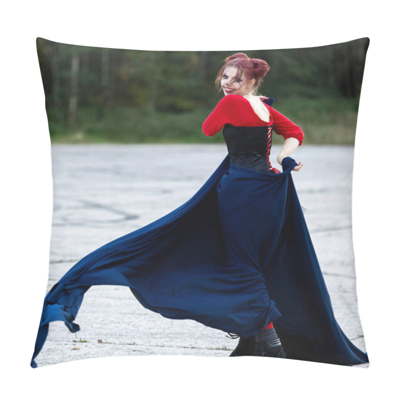 Personality  A Cheerful, Beautiful Young Woman In Motion, Wearing Red And Black Clothes With A Blue Cape: A Play Of Colors And Halloween Fun Pillow Covers