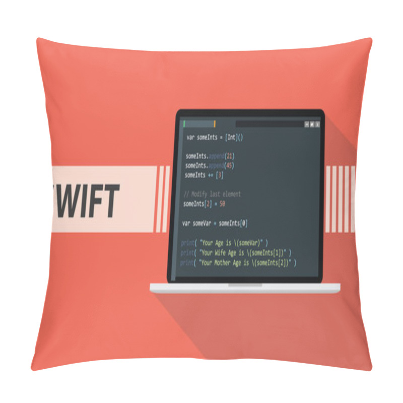 Personality  Swift Code Programming Language With Script Code On Laptop Screen Vector Graphic Pillow Covers