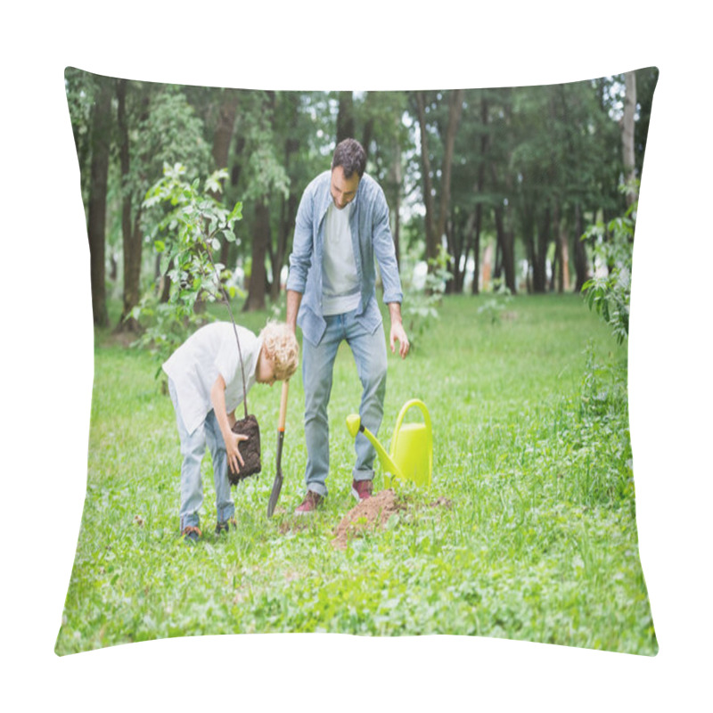 Personality  Son Planting Seedling In Ground Near Father In Park Pillow Covers