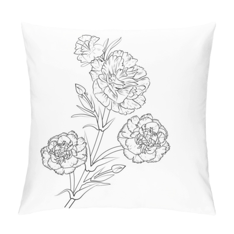 Personality  Carnation Flower Drawing, Black And White Engraved Ink Sketch. Carnation Flower, Plant, Floral Element, Hand-drawn. Botanical Illustration, Pencil Art Coloring Book, And Page For Adults Isolate Images On White Background Pillow Covers