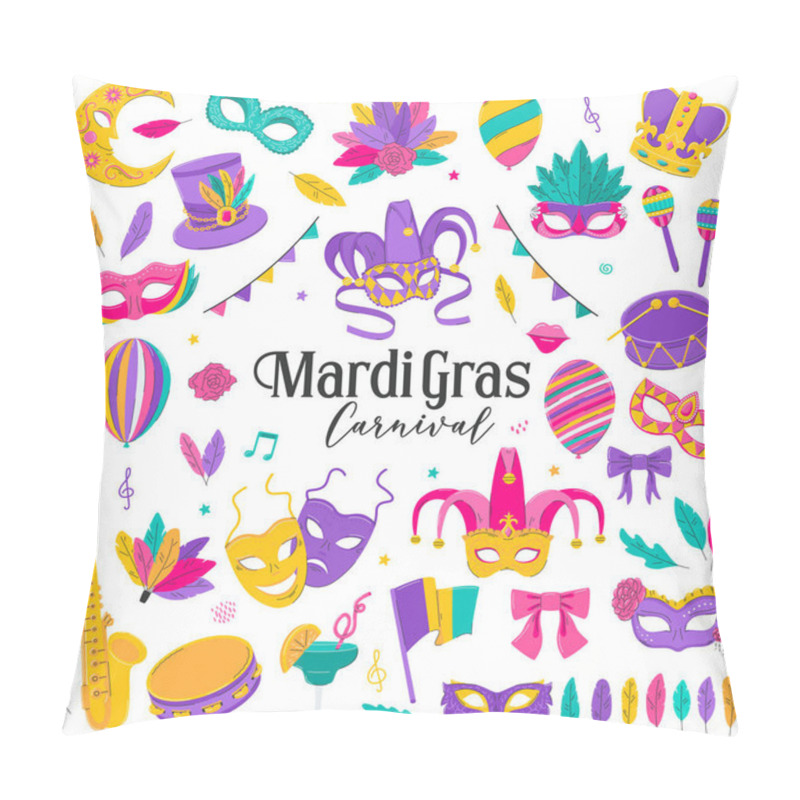 Personality  Mardi Gras Traditional Symbols Collection. Decorative Elements For Mardi Gras, Venetian Festival. Carnival Masks, Party Decorations, Feathers. Flat Vector Illustrations Isolated On A White Background. Pillow Covers