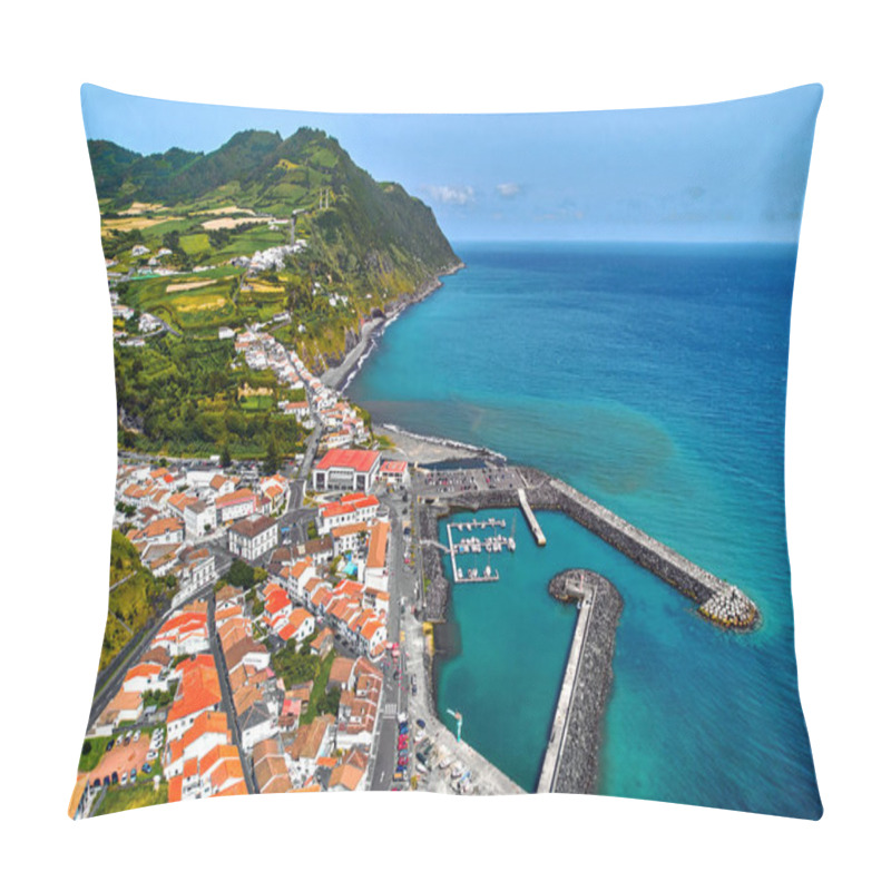 Personality  Aerial View Povoacao Townscape, Island Of Sao Miguel In Portuguese Archipelago Of Azores. Marina With Moored Boats, Town Rooftops And Surroundings Green Hills View From Above. Ponta Delgada. Portugal Pillow Covers