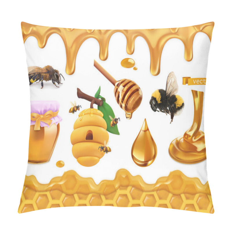 Personality  Honey 3d Realistic Set. Bee, Beehive, Honeycomb, Drop, Seamless Pattern Pillow Covers