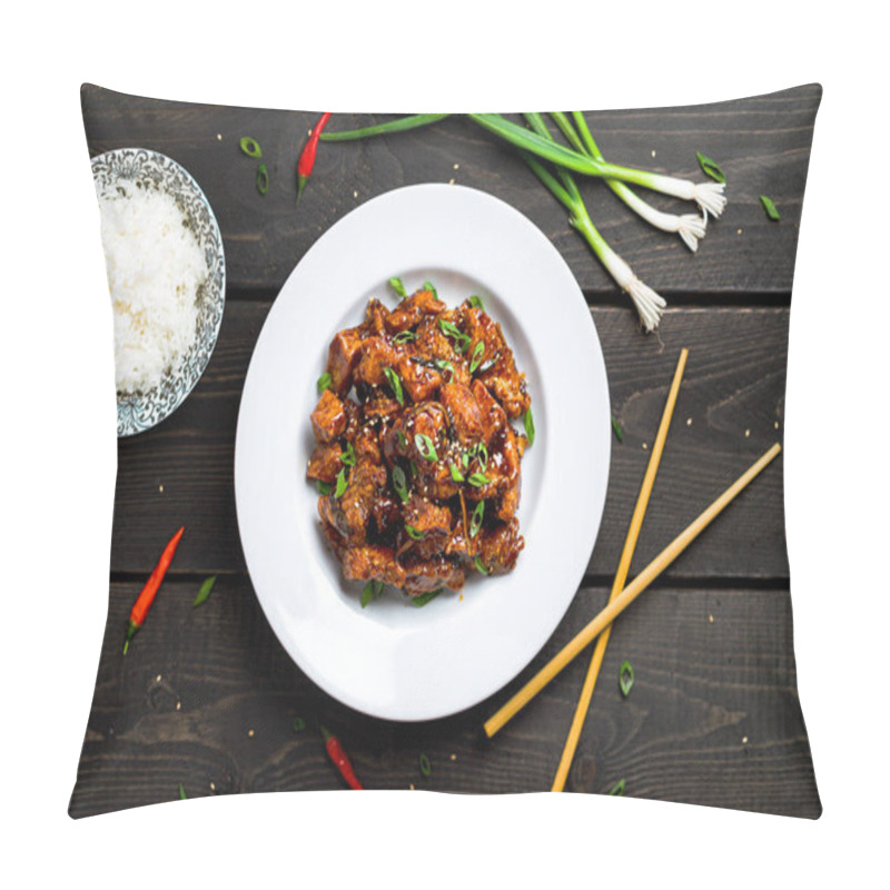 Personality  General Tso's Chicken Plate With Rice Top View. Pillow Covers