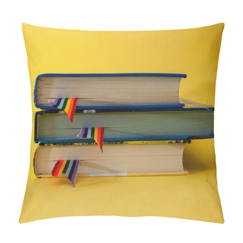 Personality  A Stack Of Three Books With Rainbow Ribbon Bookmarks Is On The Table. Concept Back To School, Freedom, Independence Pillow Covers