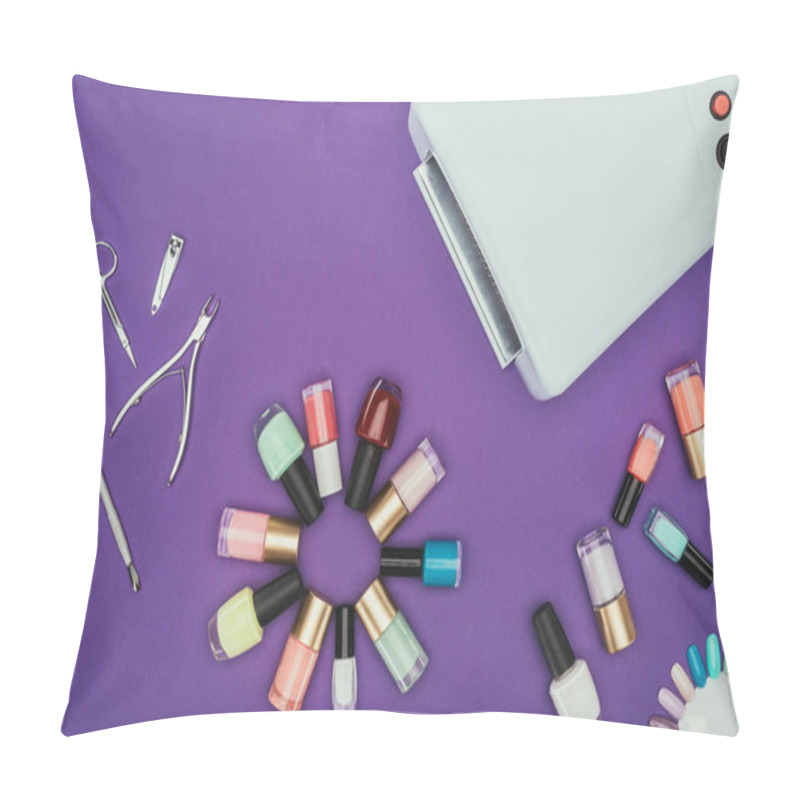 Personality  Top View Of Uv Lamp And Nail Varnishes Isolated On Purple Pillow Covers