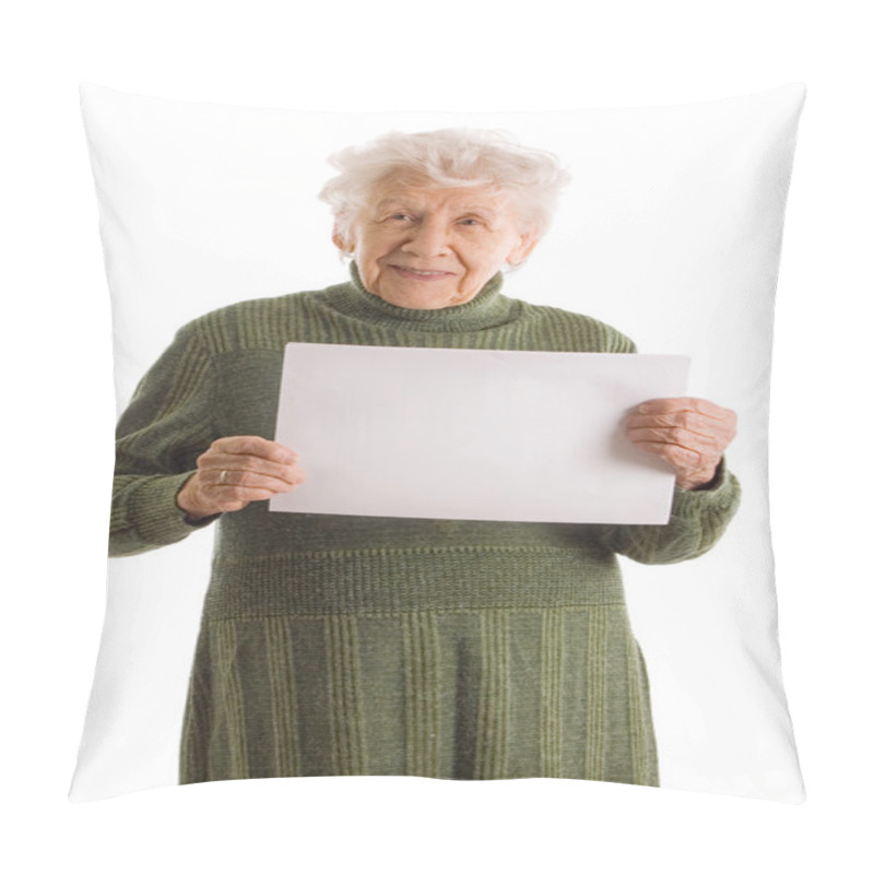 Personality  Portrait Of A Happy Senior Woman Holding Blank Billboard Against Pillow Covers