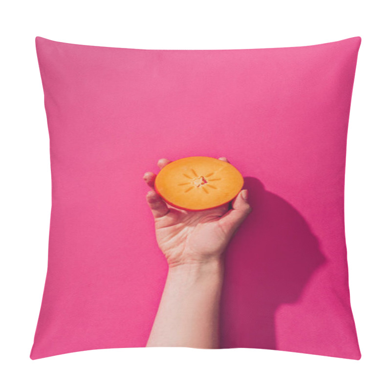 Personality  Elevated View Of Woman Holding Persimmon Piece On Pink Pillow Covers