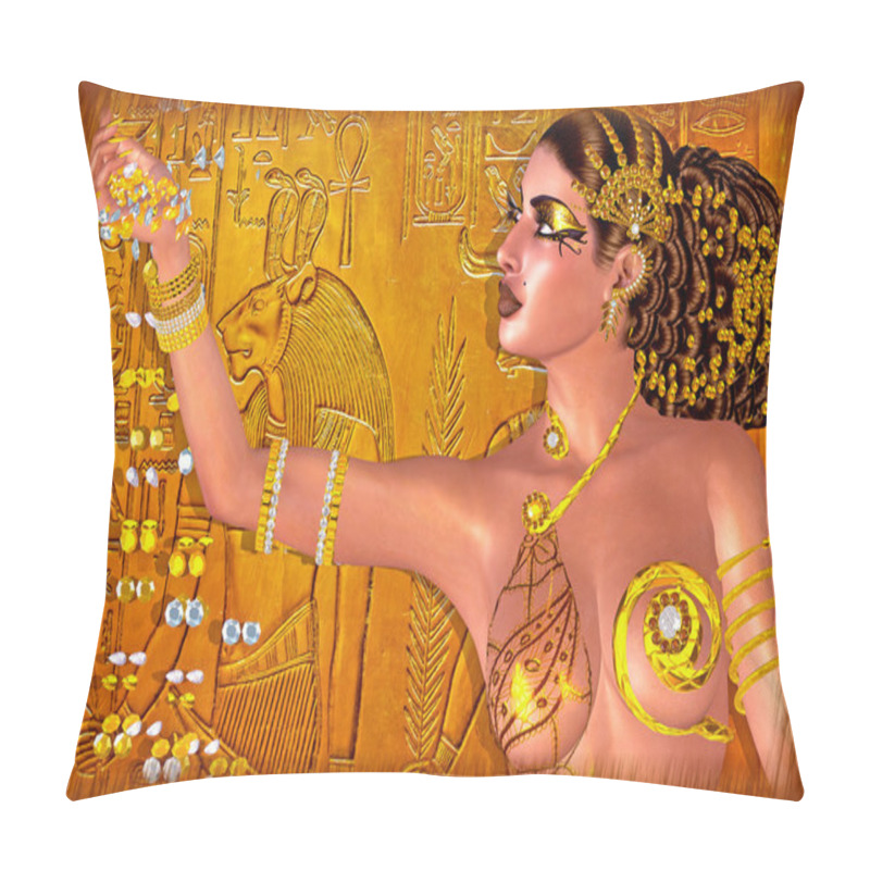 Personality  Egyptian Princess Adorned In Gold Jewelry And Gems. Digital Art Fantasy Scene. Pillow Covers