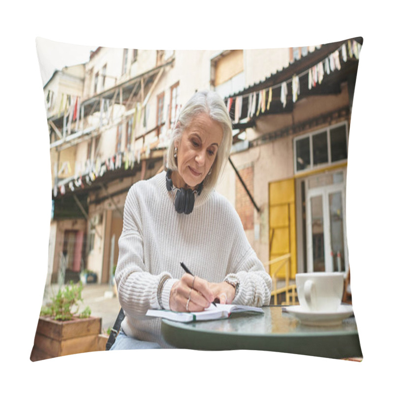 Personality  The Beautiful Gray Haired Woman Sits At A Table, Writing Attentively In A Lively Courtyard. Pillow Covers