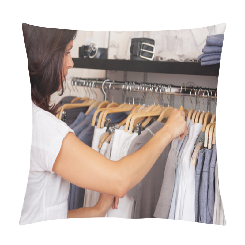 Personality  Woman Choosing Shirt From Rack In Clothing Store Pillow Covers