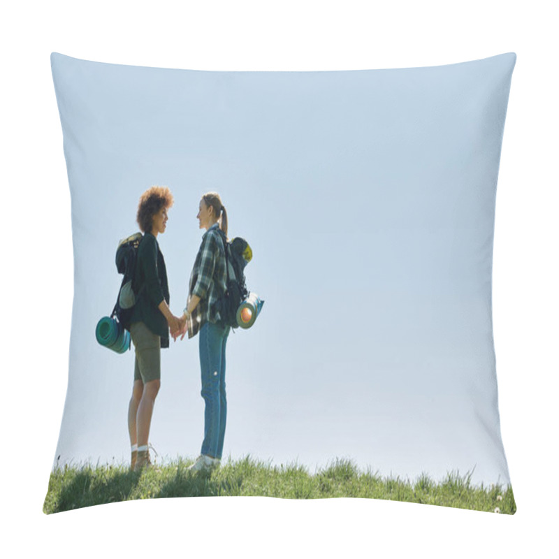 Personality  A Young Lesbian Couple, Holding Hands, Hikes On A Sunny Day. Pillow Covers