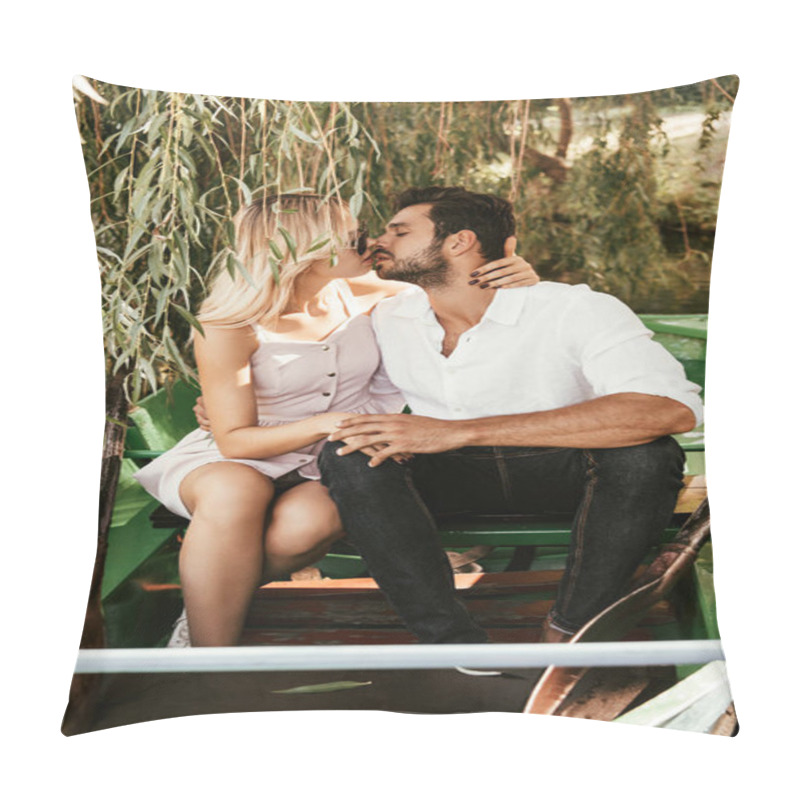 Personality  Attractive Young Girl Kissing Handsome Boyfriend While Sitting In Boat On Lake Pillow Covers