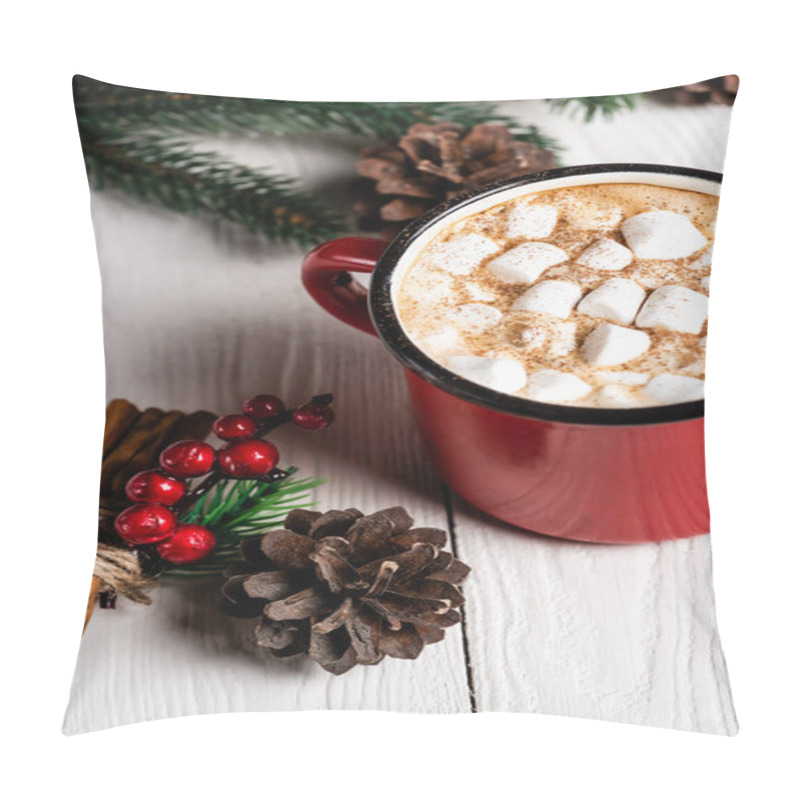 Personality  Cup Of Cocoa With Marshmallows Near Cinnamon Sticks With Red Beads And Pine Cone Pillow Covers