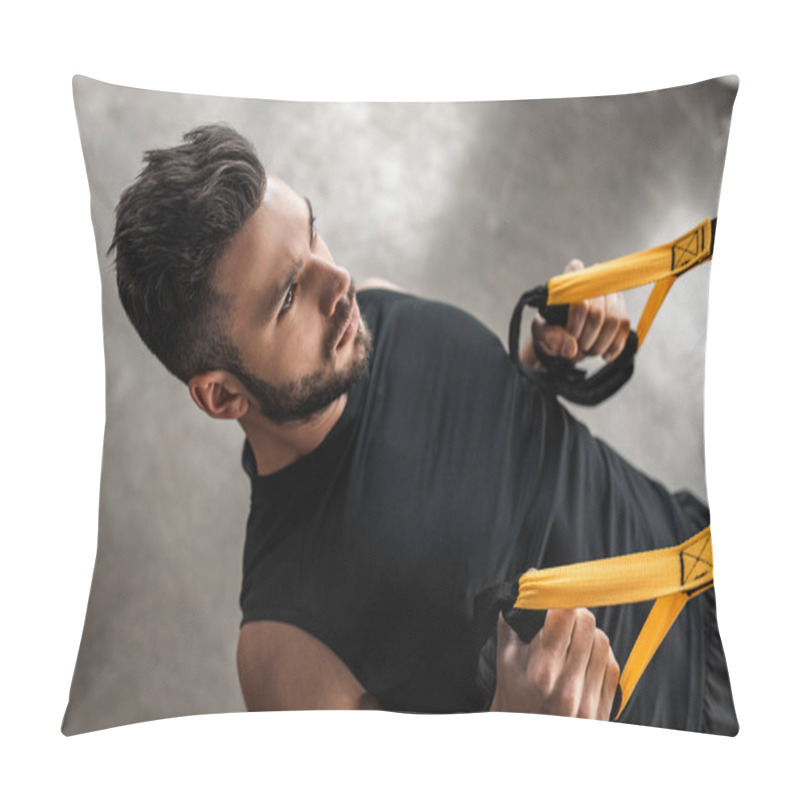 Personality  High Angle View Of Concentrated Young Man Training With Fitness Straps In Gym  Pillow Covers