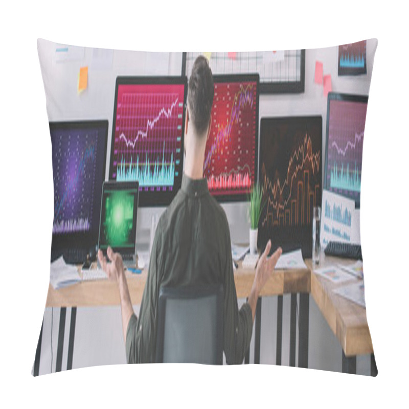 Personality  Back View Of Data Analysts Sitting At Table With Computers And Charts In Office, Panoramic Shot  Pillow Covers