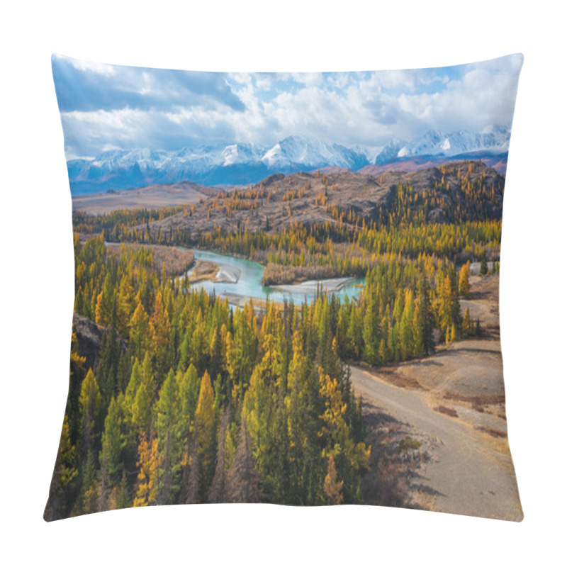 Personality  Scenic View Of Altai Mountains In Autumn With Vibrant Forests, Flowing River, And Hills Under A Bright Sky. Captures The Beauty Of The Season In A Wilderness Setting. Pillow Covers