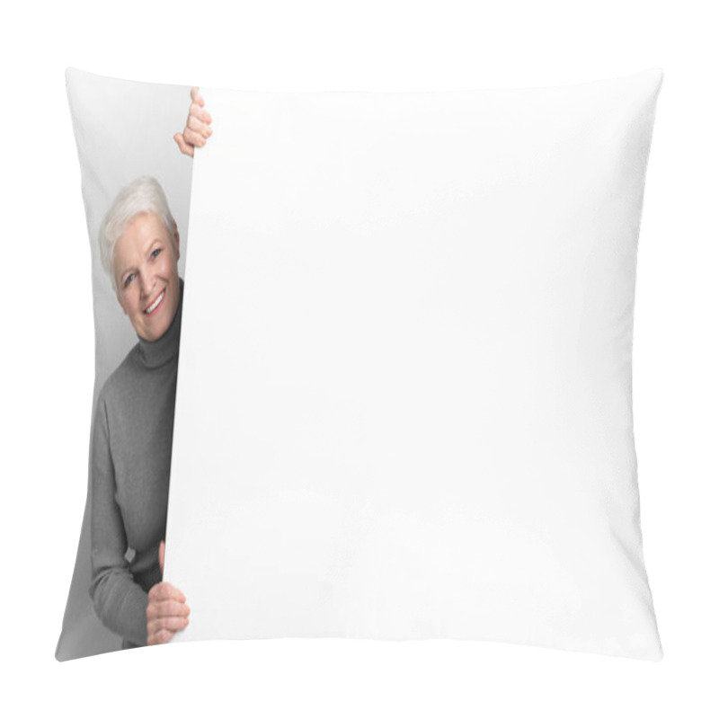 Personality  A European Elderly Woman Playfully Peeks From Behind A Blank Panel, Suggesting Curiosity And Engagement With S3niorlife Pillow Covers