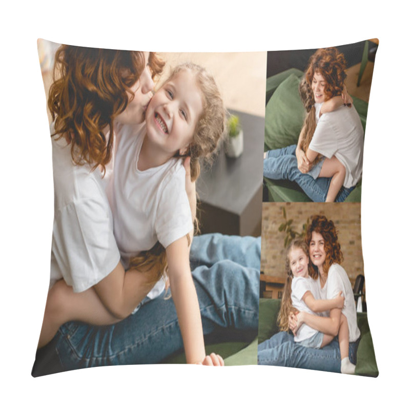 Personality  Collage Of Curly Mother Kissing Cheek And Hugging Happy Daughter  Pillow Covers