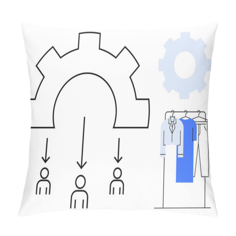 Personality  Gear Representing Workflow Distribution To Three People With Hanging Outfits Symbolizing Roles. Ideal For Team Management, Project Planning, Organizational Structure, Employee Roles, Workflow Pillow Covers