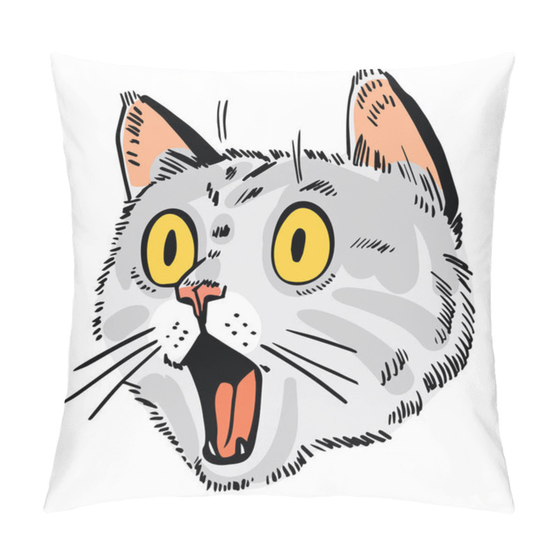 Personality  Cat Portrait Drawing. Face Of Surprised Cat. Cartoon Characters. Funny Vector Illustration. Isolated On White Background.  Pillow Covers