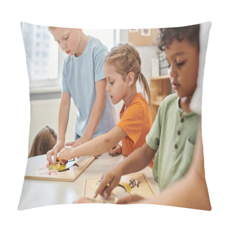 Personality  Interracial Children Playing With Didactic Materials On Table In Montessori School Pillow Covers