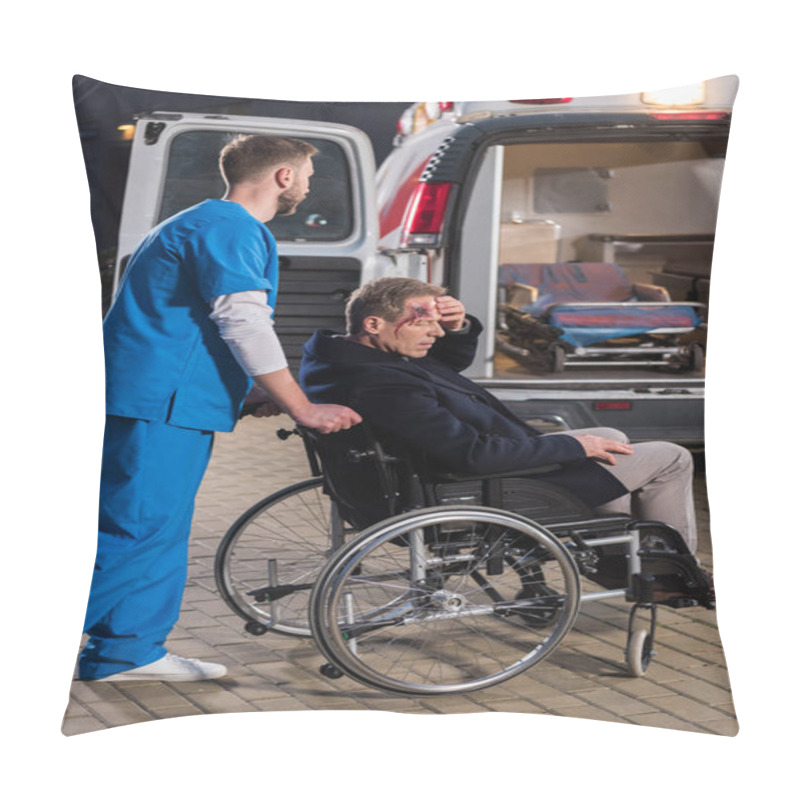 Personality  Paramedic Moving Injured Man On Wheelchair To Ambulance Pillow Covers