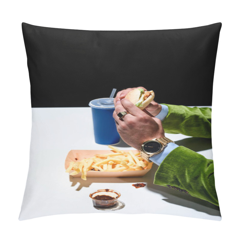 Personality  Partial View Of Man In Velvet Jacket With Burger Sitting At Table With French Fries And Soda Drink On Black Background Pillow Covers