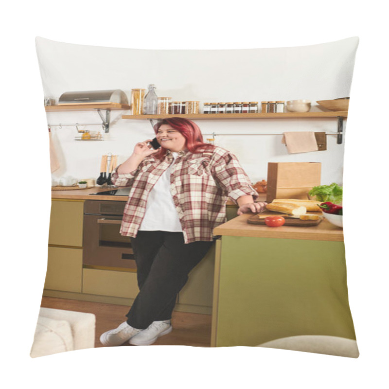 Personality  Bright And Inviting Kitchen With A Young Plus Size Woman Happily Talking On The Phone. Pillow Covers