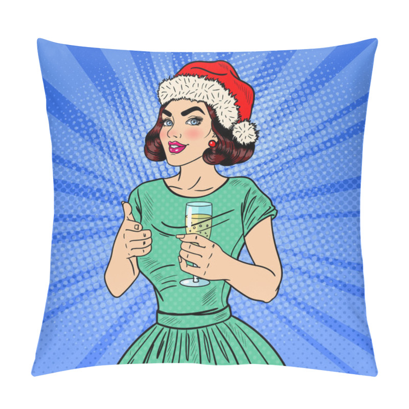 Personality  Pop Art Beautiful Woman In Santa Hat With Glass Of Champagne On Christmas Eve. Vector Illustration Pillow Covers