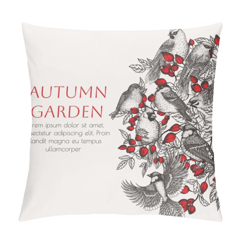 Personality   Vector Illustration Of A Bird On A Rose Hip Berry Bush. Waxwing, Robin, Bullfinch, Red Cardinal, Sparrow And Blue Jay In Engraving Style Pillow Covers