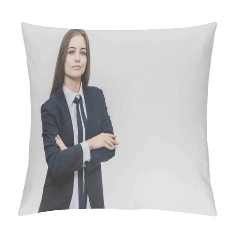 Personality  Charming Confident Businesswoman Is Standing On The White Background. Attractive Female, Professional Model Is Isolated. She Is Smiling A Little Bit, Crossing Her Well-groomed Hands. She Is Standing Pillow Covers