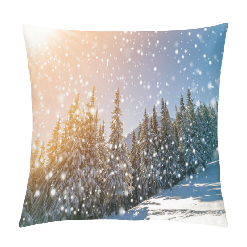 Personality  Beautiful Winter Landscape. Pine Trees With Snow And Frost On Mountain Slope Lit By Bright Sun Rays On Colorful Blue Sky And Falling Snowflakes Background. Happy New Year And Merry Christmas Card. Pillow Covers