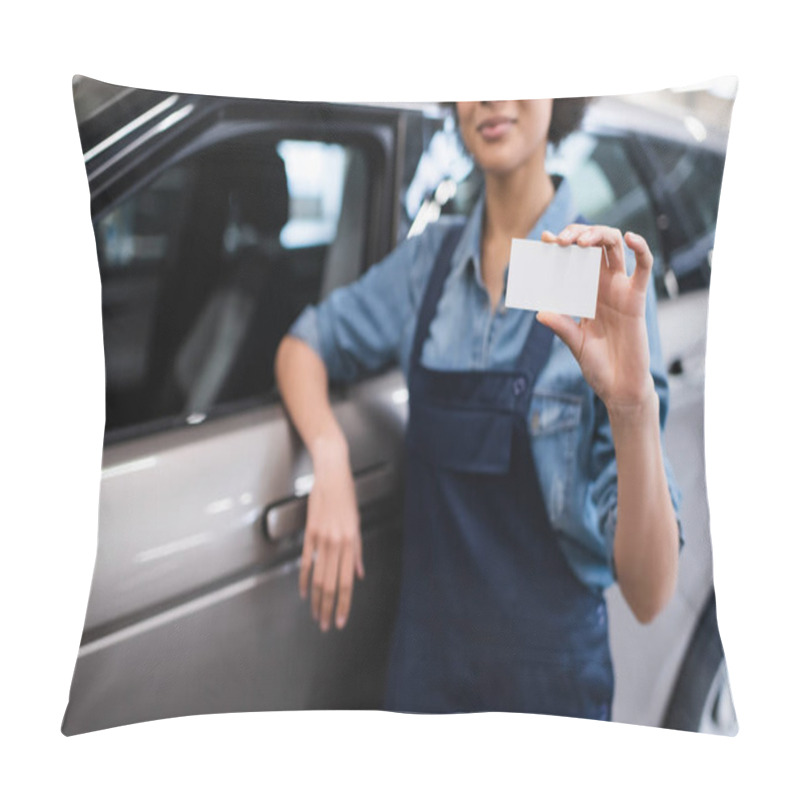 Personality  Partial View Of Young African American Mechanic Showing Empty Card And Standing Near Car In Garage Pillow Covers