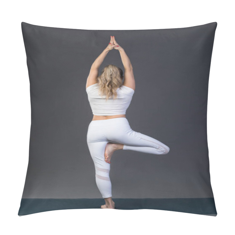 Personality  Sporty Young Woman Doing Yoga Practice On Black Background. Pillow Covers