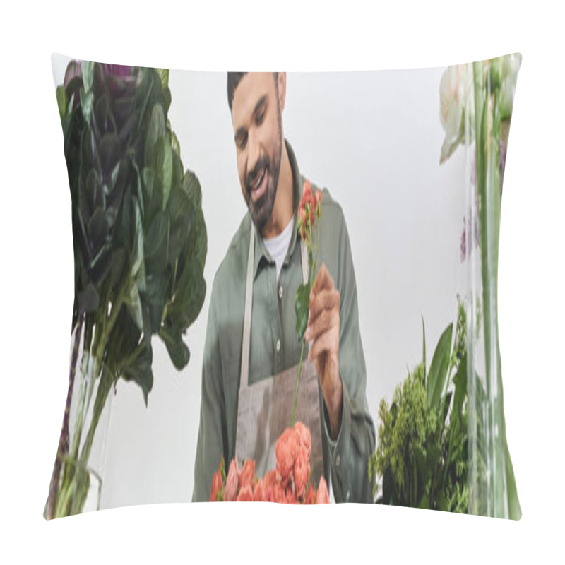 Personality  A Skilled Florist Artfully Arranges Vibrant Flowers In His Charming Shop, Showcasing Creativity, Banner Pillow Covers