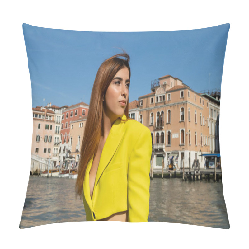 Personality  Redhead Woman In Yellow Crop Jacket Looking Away Near Venetian Cityscape On Background Pillow Covers