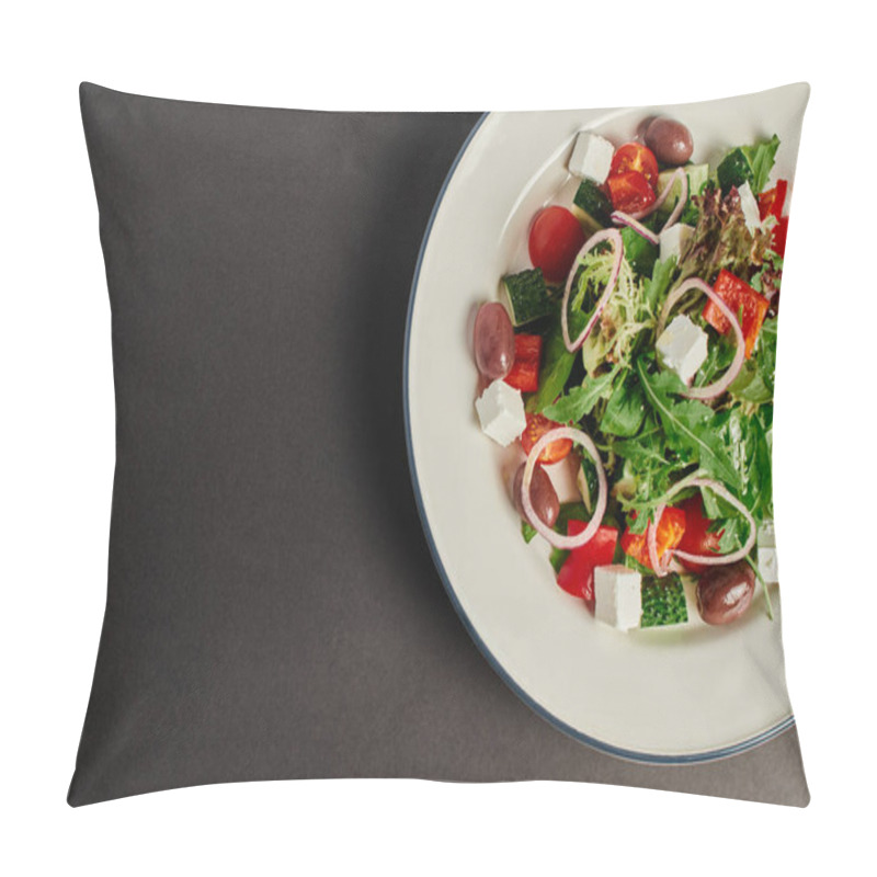 Personality  Top View Photo Of Plate With Fresh And Delicious Greek Salad On Grey Background, Healthy Eating Pillow Covers