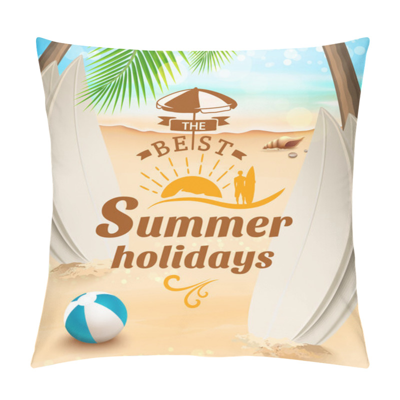 Personality  Summer Holidays Background - Surfboard On Against Beach And Waves. Vector Illustration Pillow Covers