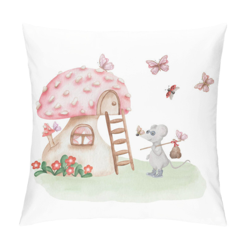 Personality  Watercolor Illustration Of Hand Painted Red Mushroom House, Travelling Grey Mouse With Bag, Butterfly, Lady Bug, Flowers. Toadstool Cottage. Fungus Hut. Isolated Forest Clip Art For Textile, Stickers Pillow Covers