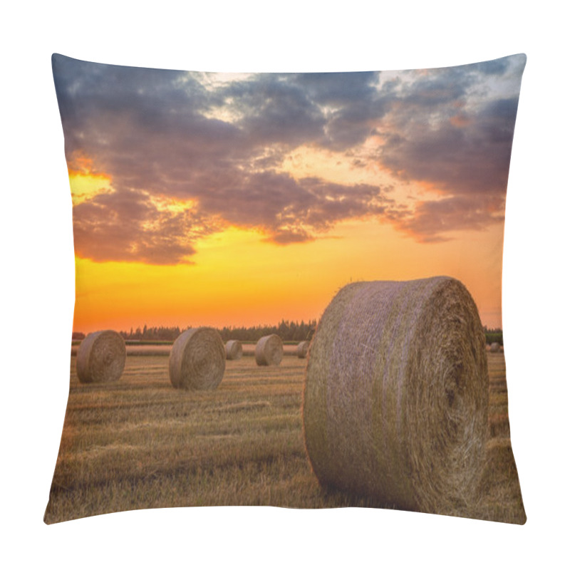 Personality  Sunset Over Farm Field With Hay Bales Pillow Covers