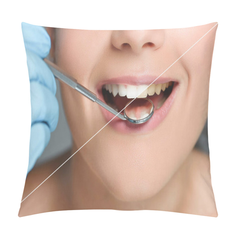 Personality  Partial View Of Dentist With Dental Mirror Checking Teeth Of Happy Woman, Teeth Whitening Concept Pillow Covers